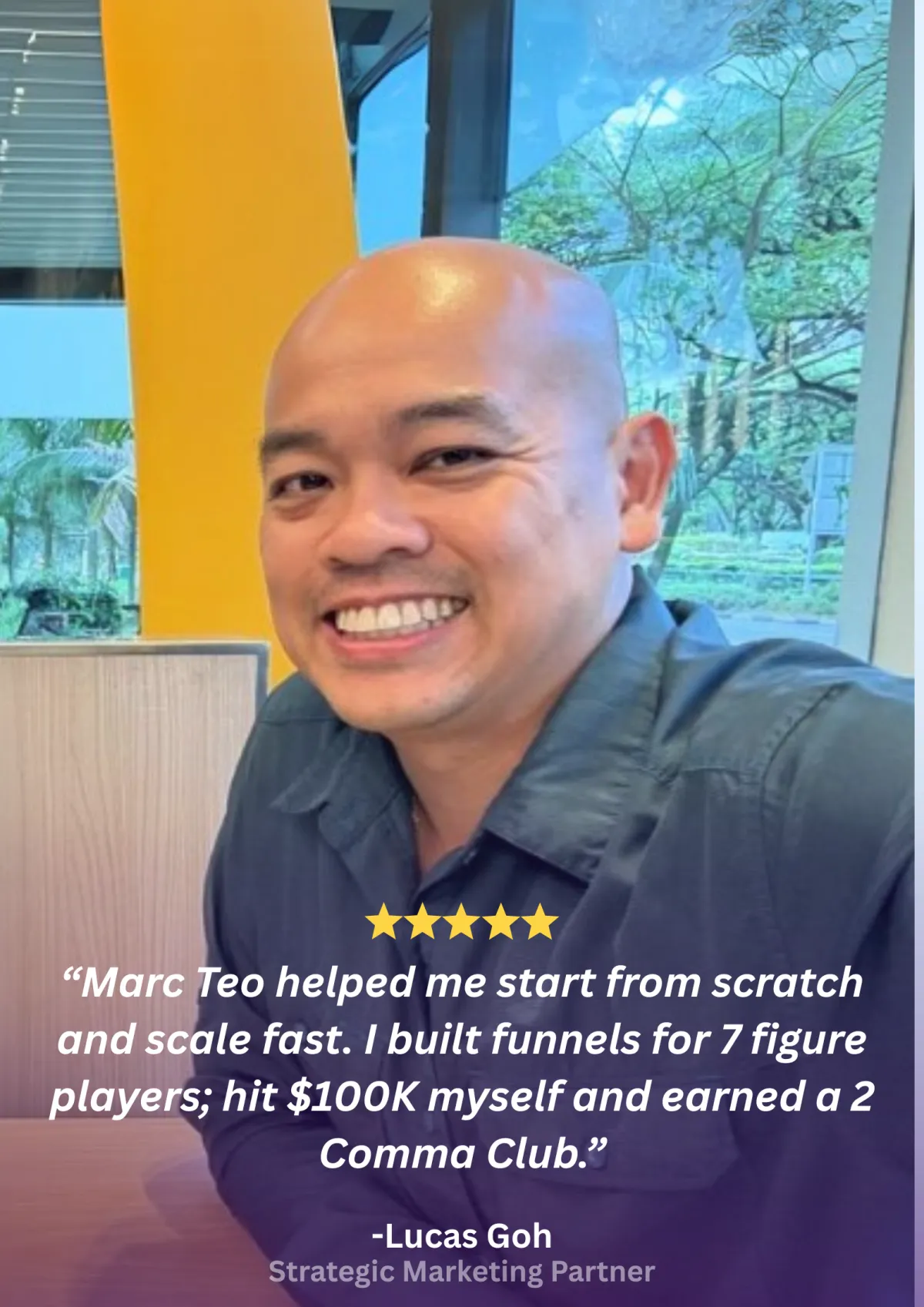 Branded client testimonial card 7 with headshot, 5-star rating and pull quote