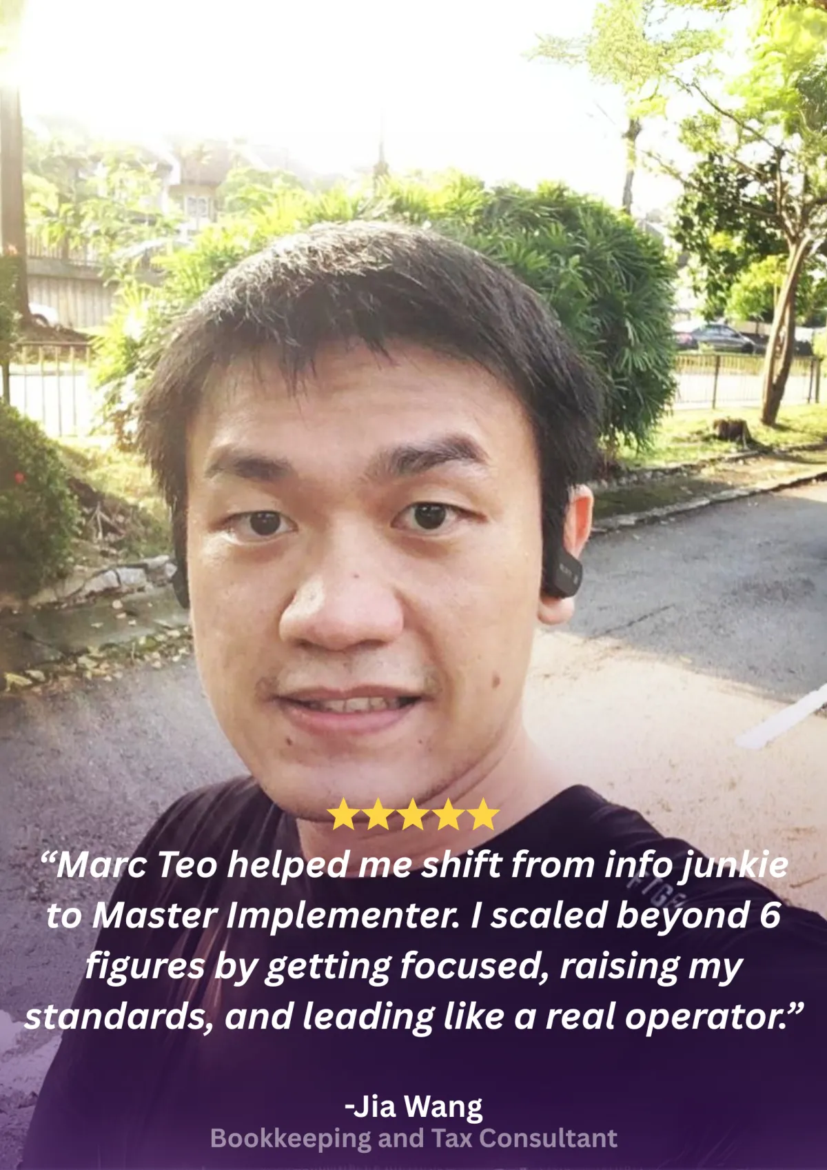 Branded client testimonial card 9 with headshot, 5-star rating and pull quote
