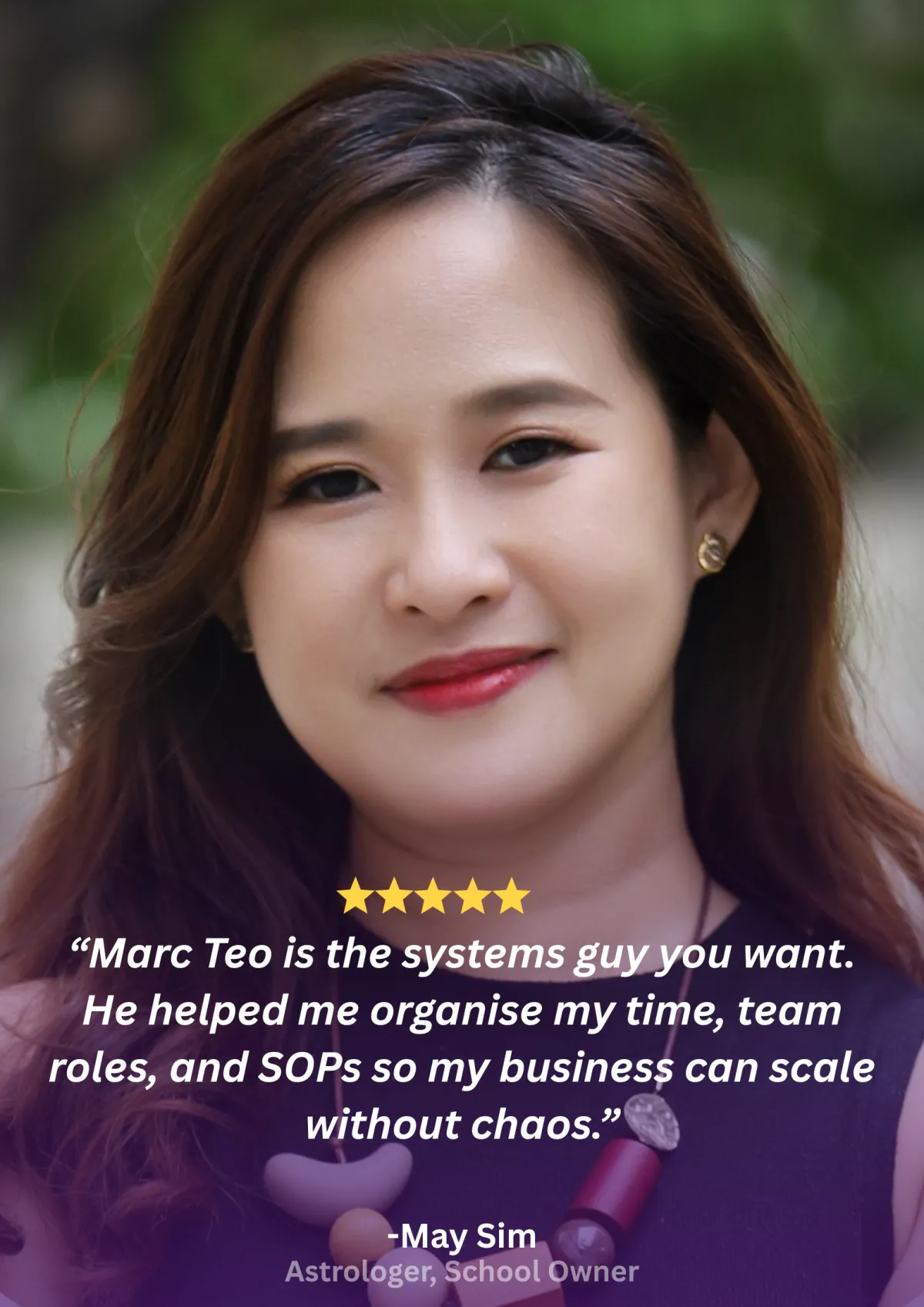 Branded client testimonial card 10 with headshot, 5-star rating and pull quote