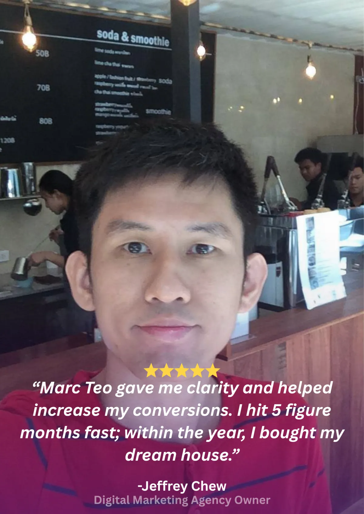 Branded client testimonial card 12 with headshot, 5-star rating and pull quote